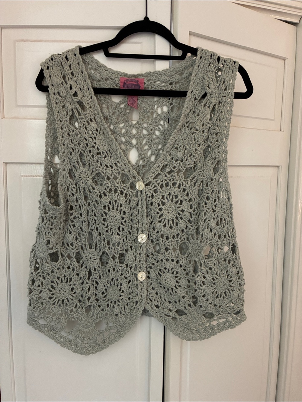Crochet Button-Front Vest in Light Sage